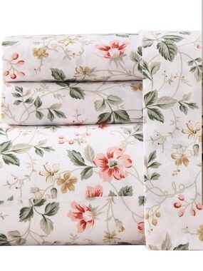 Laura Ashley ~ FULL ~ Meadow Floral Beige 4 Pc Sheet Set ~ 100% Cotton Percale